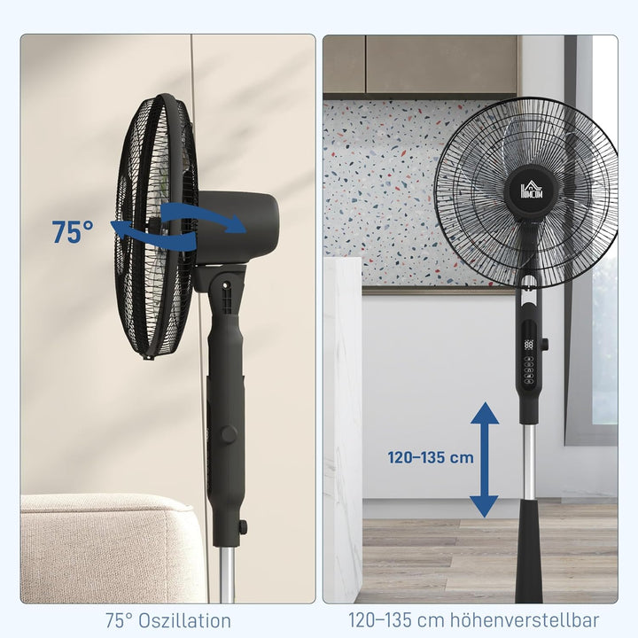 HOMCOM Standventilator leise mit Fernbedienung, LED-Anzeige, Höhenverstellbar Ventilator mit 3 Modi,