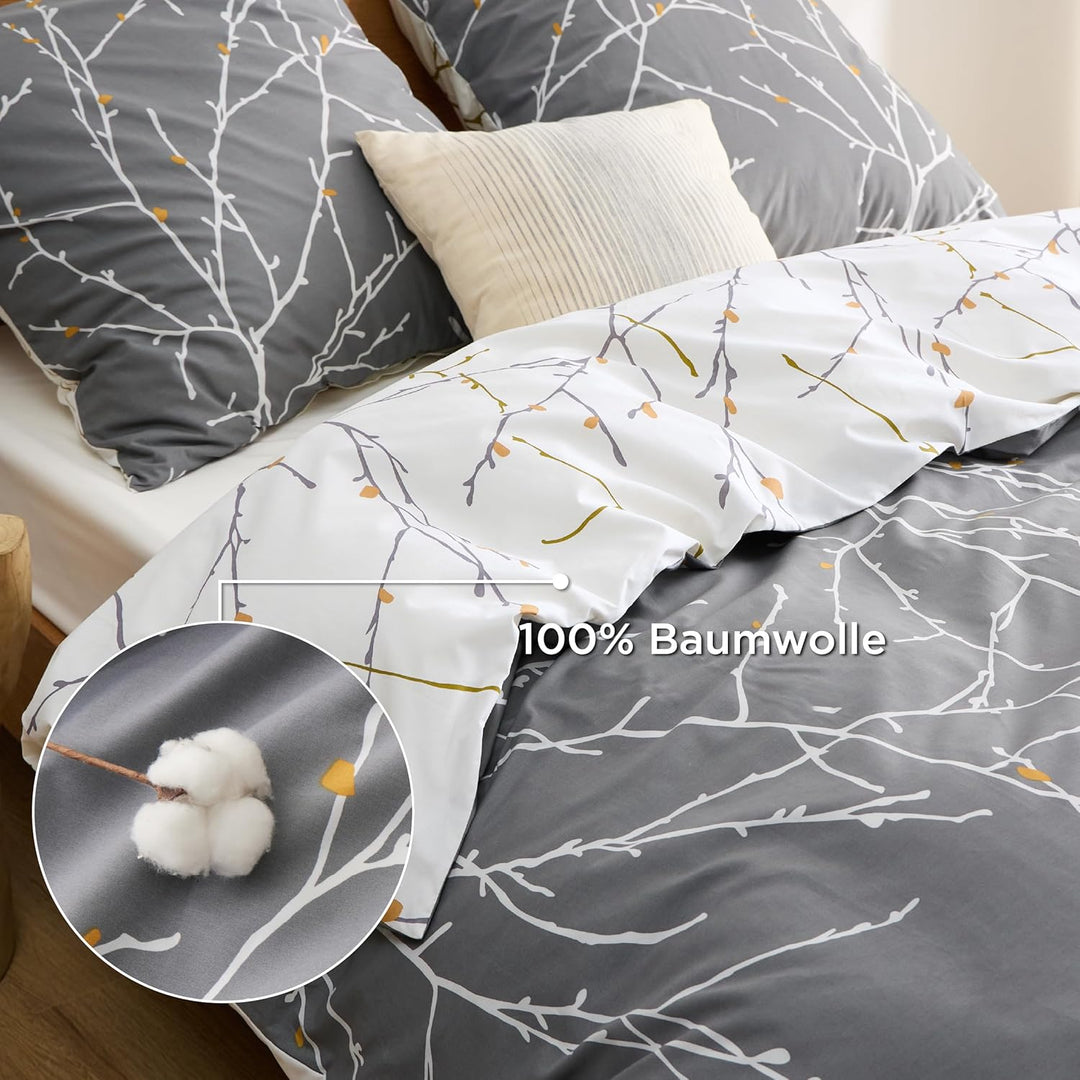 BEDSURE Bettwäsche 155x220 Baumwolle Grau - Bettwäsche-Sets 155 x 220 cm Bettbezug 3teilig mit 2 Kis