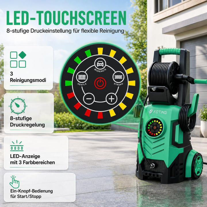 Hochdruckreiniger 200 Bar, Touchscreen 8-stufiger, 6-in-1-Düse, Druck: 100-200bar, Fördermenge: 280-
