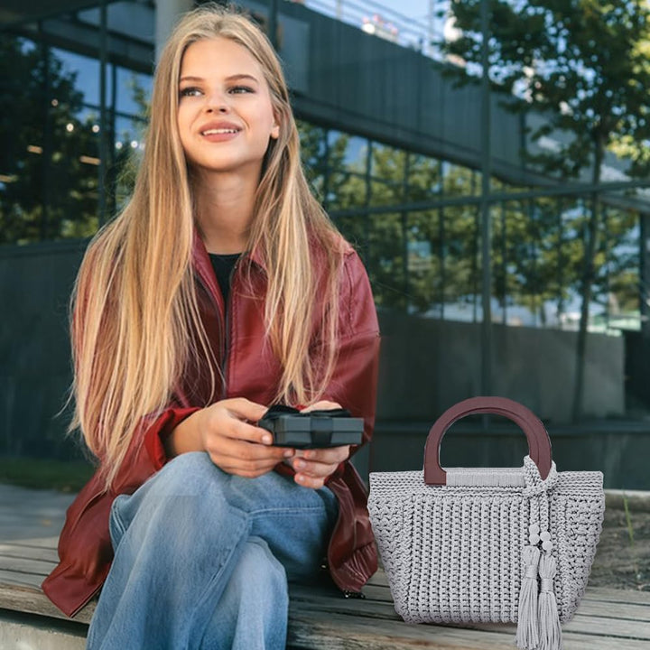 INFUNLY DIY Häkeltaschen Set für Anfänger Erwachsene Hellgraue Tasche Häkel Set mit Schritt Videoanl