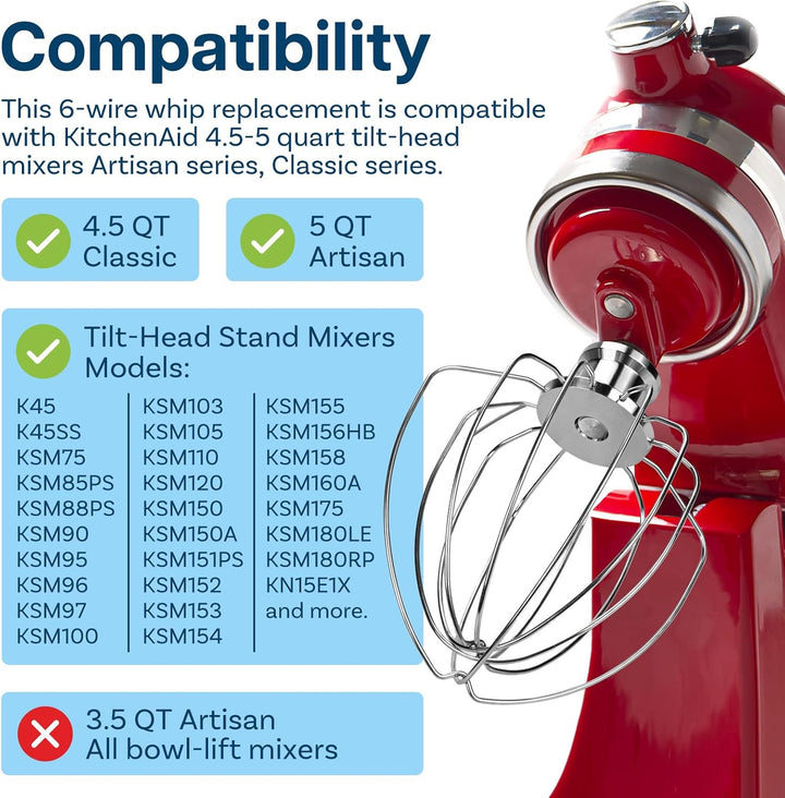 K45WW 6-Drahtiger Schneebesen für KitchenAid 4.5-5 Quart Kippkopf-Standmixer Artisan & Classic Serie
