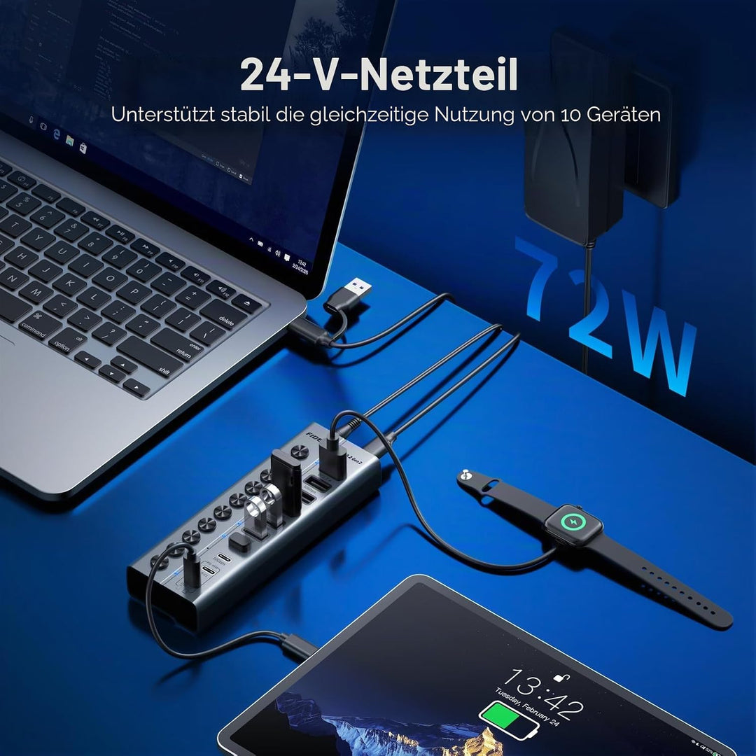 FIDECO 10 Ports USB Hub mit Netzteil, USB Hub Aktiv mit 1 BC1.2, 2 PD 45W Charging Port und 7 USB 3.