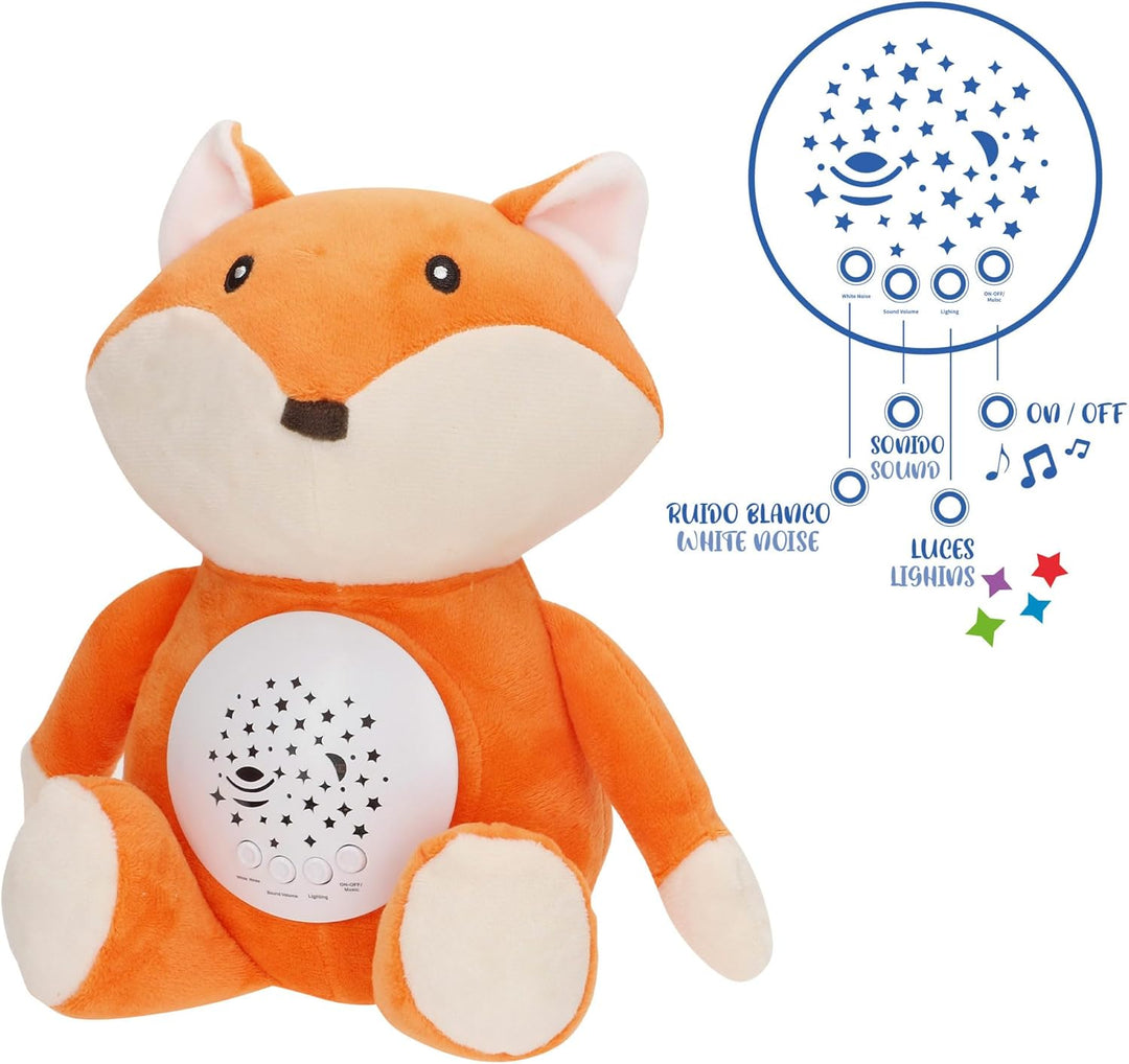 COLORBABY Genial Baby Projektor, Sterne, Fuchs, 27 cm, Nachtlicht und Timer, Plüschtier zur Entfernu