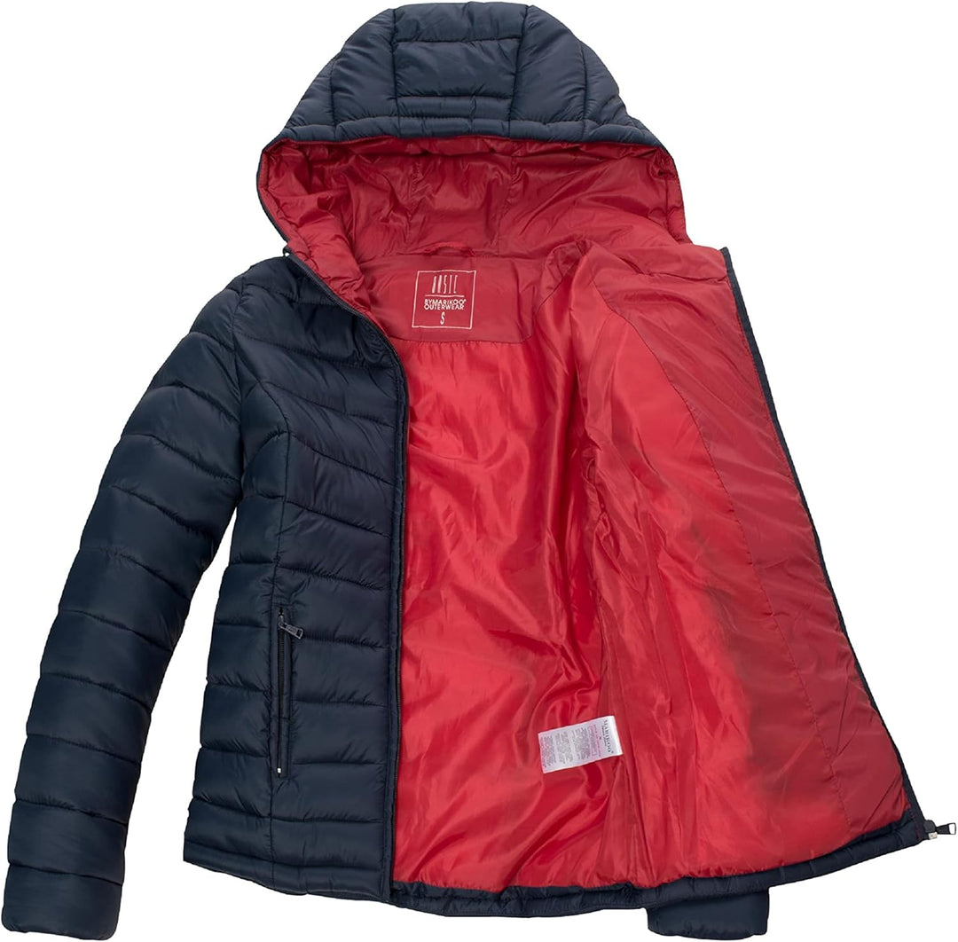 MARIKOO Damen Übergangsjacke leichte Steppjacke kurz mit Kapuze Lucy XS-3XL XXL Blau, XXL Blau