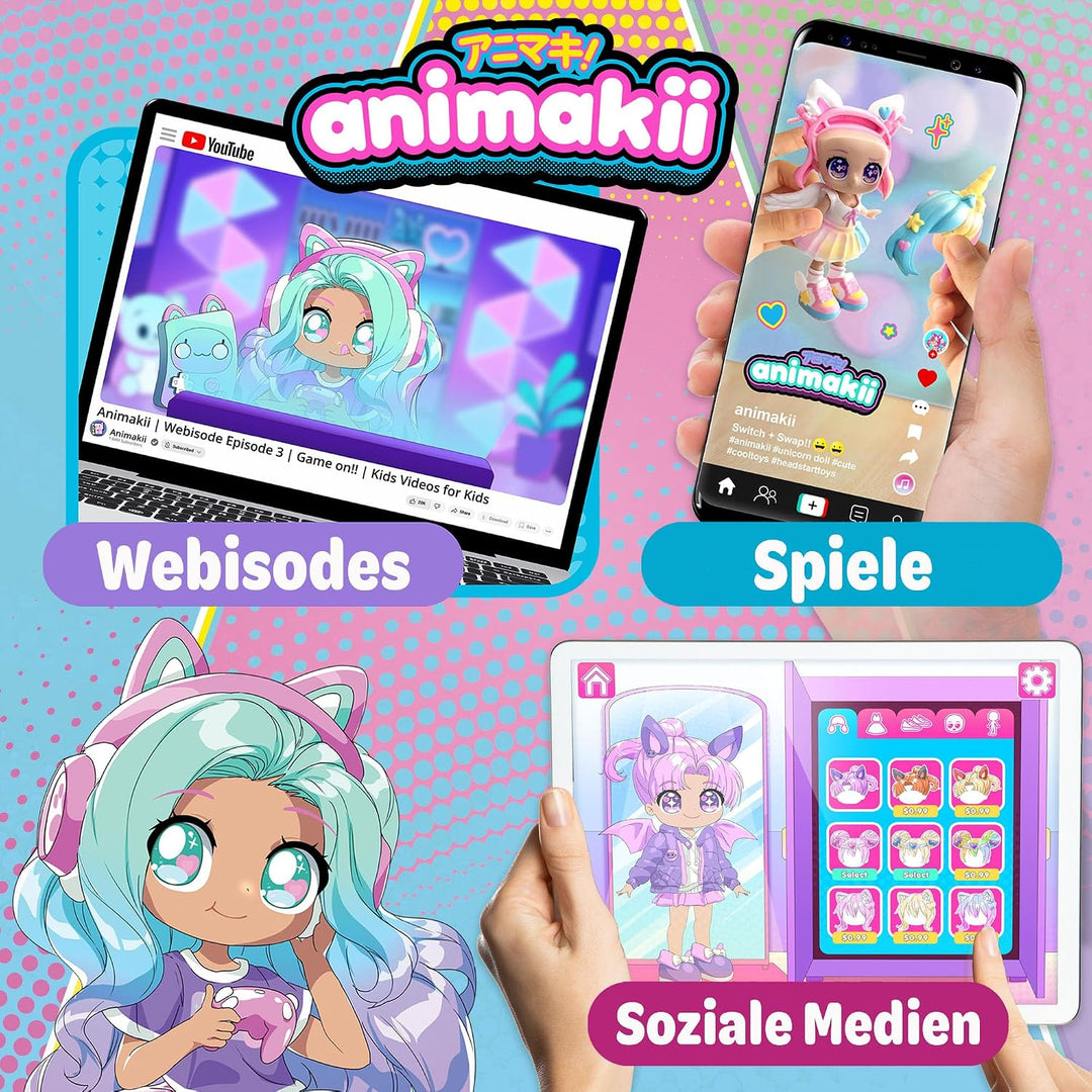 BANDAI - Animakii Lollipop und Bubblegum - Set Personalisierbare Puppen - 1 Puppe, 4 Gesichter, 2 Fr
