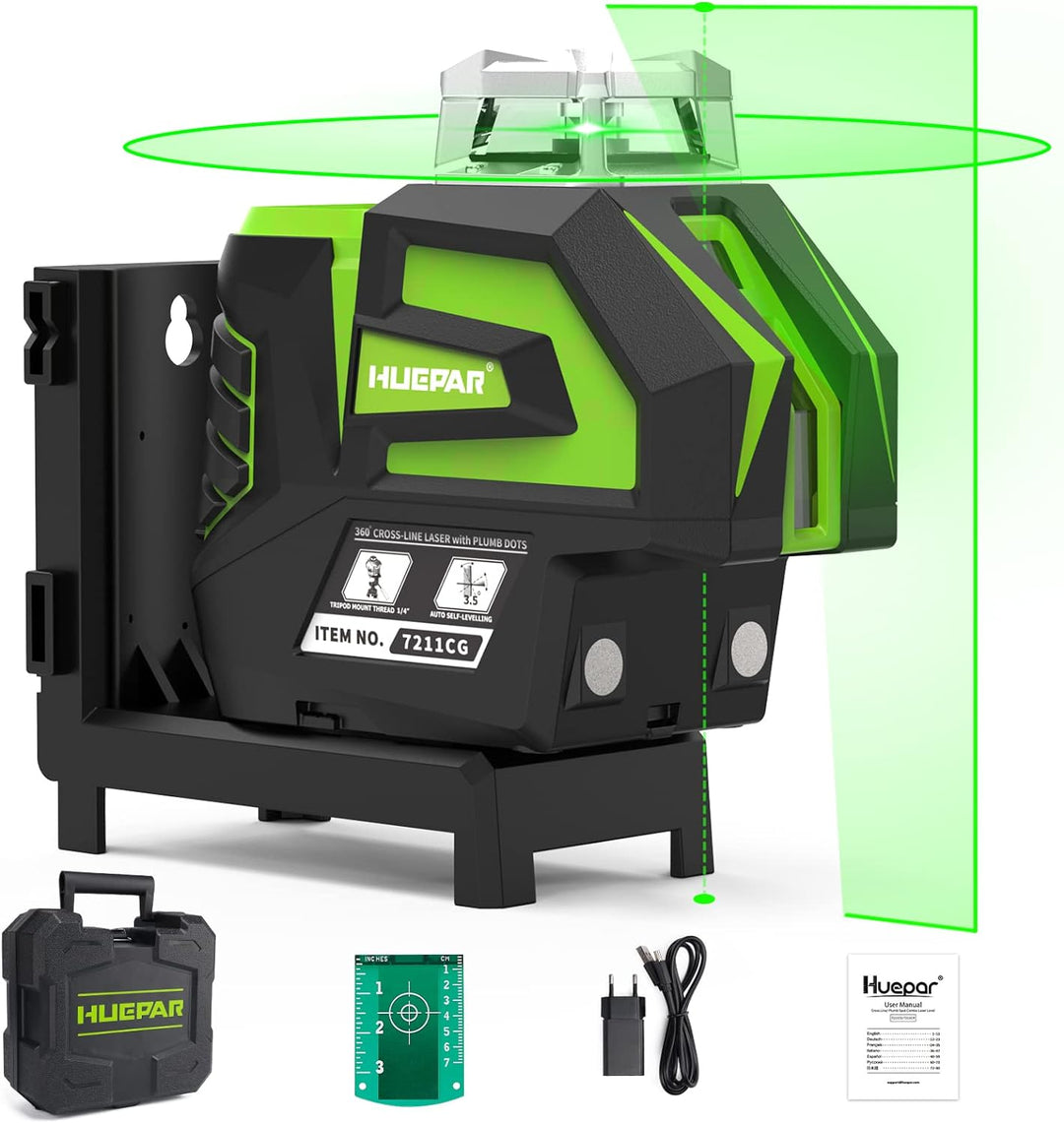 Huepar Selbstnivellierender Grüner Lasernivellier Kreuzlinien mit 2 Lotpunkten Laserwerkzeug - 360 °