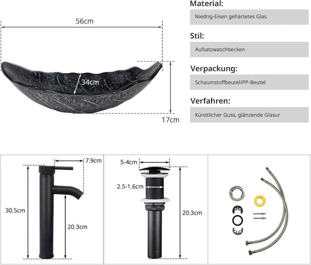 YU YUSING Aufsatzwaschbecken Waschbecken Glas Waschtisch Waschschale mit Wasserhahn Set, Blattförmig