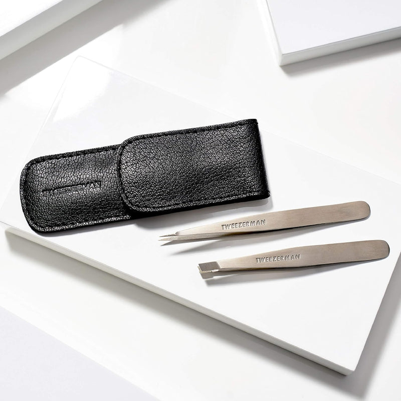 TWEEZERMAN Pinzetten Set mit Leder-Etui aus Rostfreiem Edelstahl, Schräge und Spitze Ausfürhung, Sch