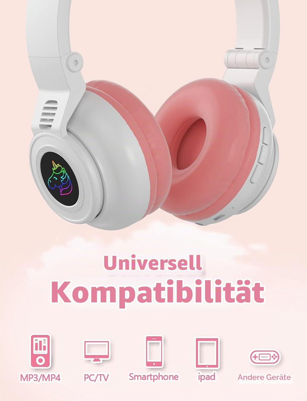 Einhorn Kopfhörer Bluetooth, Kabellos Over-Ear Mädchen Headset mit LED-Beleuchtung, Stereo Sound, Mi