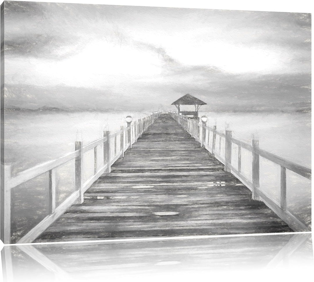 Pixxprint Steg ins Meer bei Sonnenuntergang Kohle Zeichnung Effekt, Format: 100x70 auf Leinwand, XXL