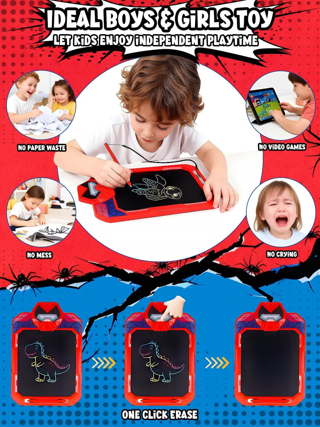 Spider LCD Schreibtafel Kinder, 10'' Bildschirm Zeichenbrett Maltafel mit Sperre und Ein-Klick-Lösch