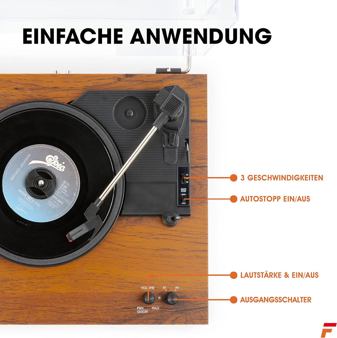 Fenton RP165 Bluetooth Plattenspieler mit Lautsprecher, Schallplattenspieler, Abdeckhaube, Auto Stop
