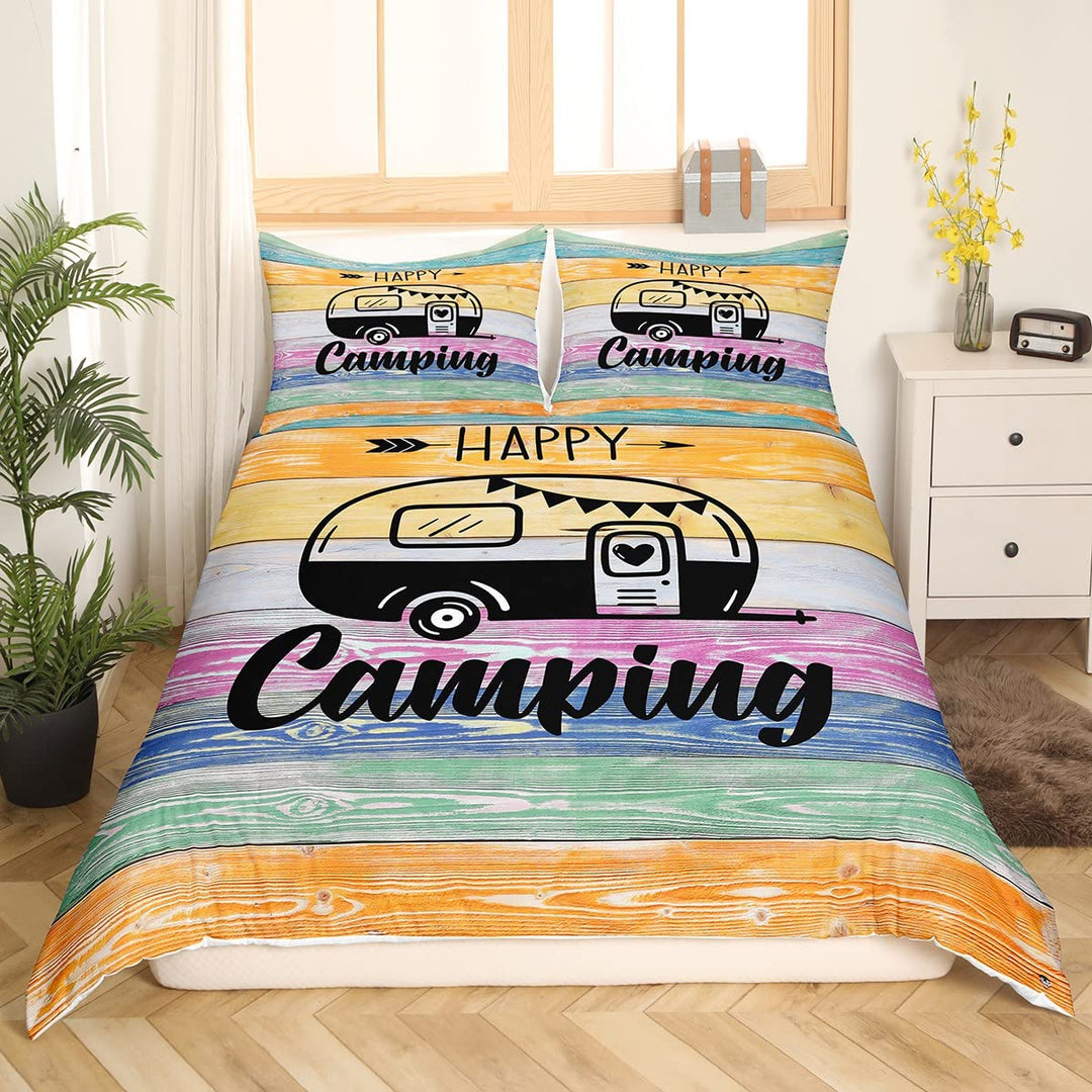 Camper Bettwäsche Set für Jungen Happy Camping Bettbezug 2 teilig rustikaler Bauernhaus Bettbezug fü