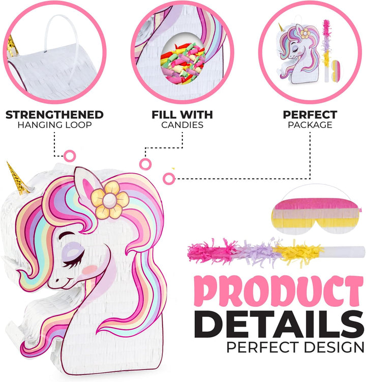 BIRCIHO Einhorn Pinata Bundle mit einer Augenbinde und Fledermaus (33 x19 x10cm), pinata geburtstag