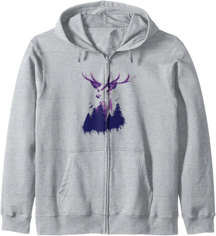Wandern Design mit Hirsch, Wald und Vögel für Wanderer Kapuzenjacke