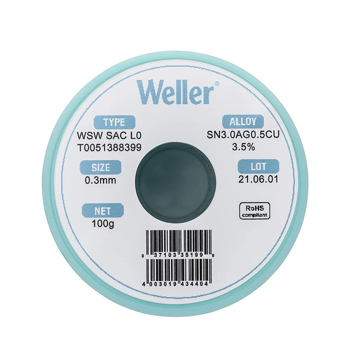 Weller WSW SAC L0 (T0051388399) Bleifreier Lötdraht, Ø 0,3mm, Legierung Sn96.5Ag3Cu0.5, Flussmittelg