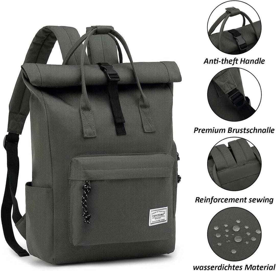 TANTOMI Laptop Rucksack, Rucksack Laptop Tasche 15,6 Zoll, Rucksack Damen und Herren weit öffenbar,