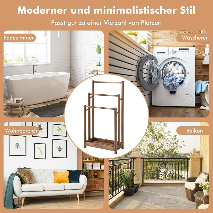 COSTWAY Handtuchständer freistehend, Handtuchhalter Holz mit 3 Handtuchstangen & unterer Ablage & Ki