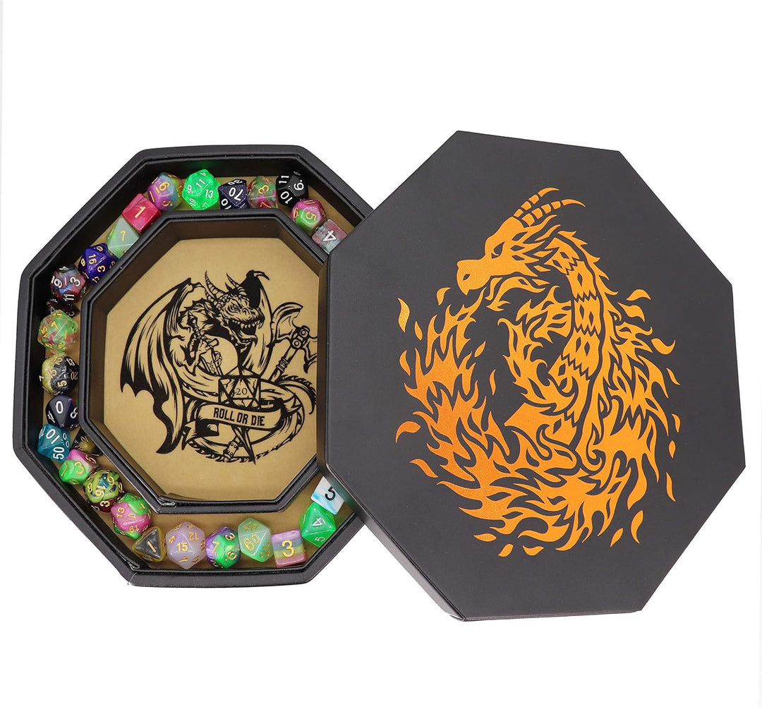 Fantasydice-Chromatic Dragon -with Roll or Die Artwork Dice Tray - 23CM Octagon with Lid and Dice St