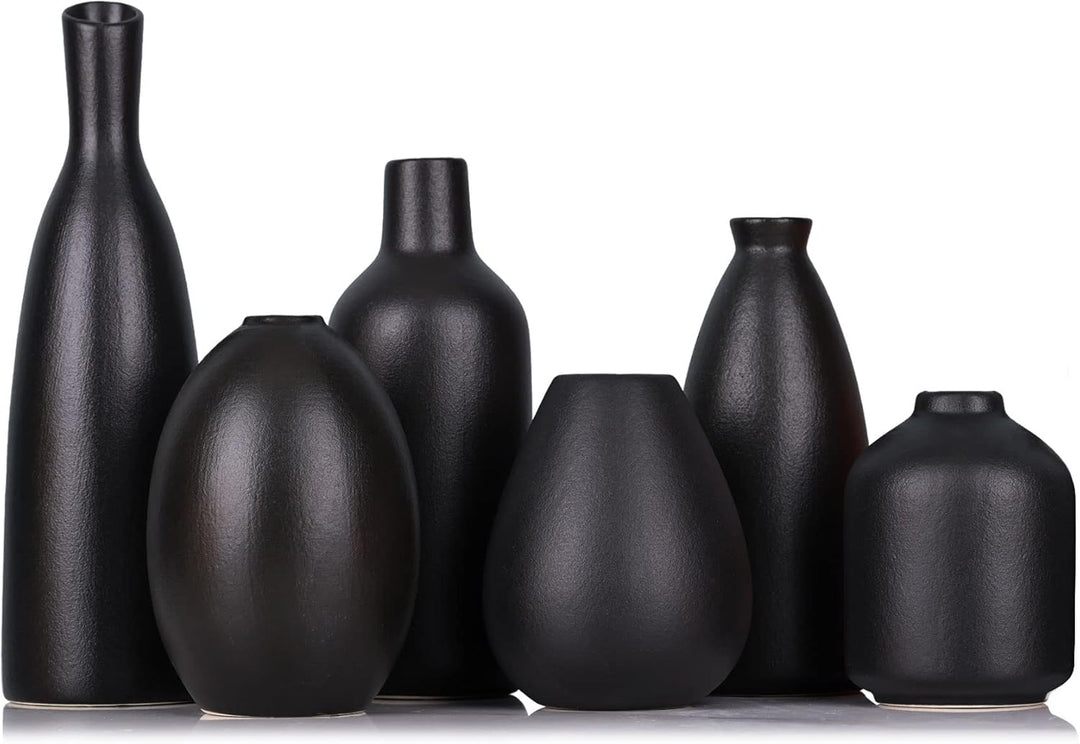 Schwarze Keramik Knospen Vasen Set von 6, Bauernhaus Dekor, Kamindekor, Kaminsims & Regal Dekor, Hei