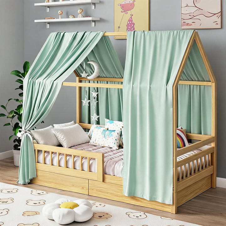 Hausbett Himmel Set, 2 Stück Betthimmel Hausbett, Leichter Atmbar Baumwoll Himmelbett Vorhängemit, M