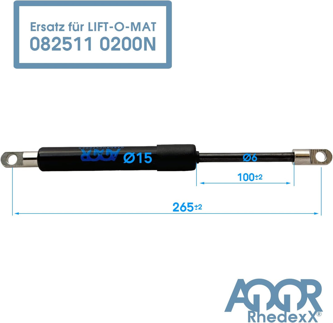 RhedexX® Gasdruckfeder Ersatz für STABILUS LIFT-O-MAT 082511 0200N - 265mm/100mm/200N mit M6 Augenau