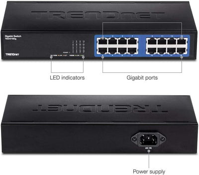 TRENDnet TEG-S16DG 16-Port Unverwalteter Gigabit GREENnet Desktop Metall Switch, Lüfterlos, 16x RJ-4