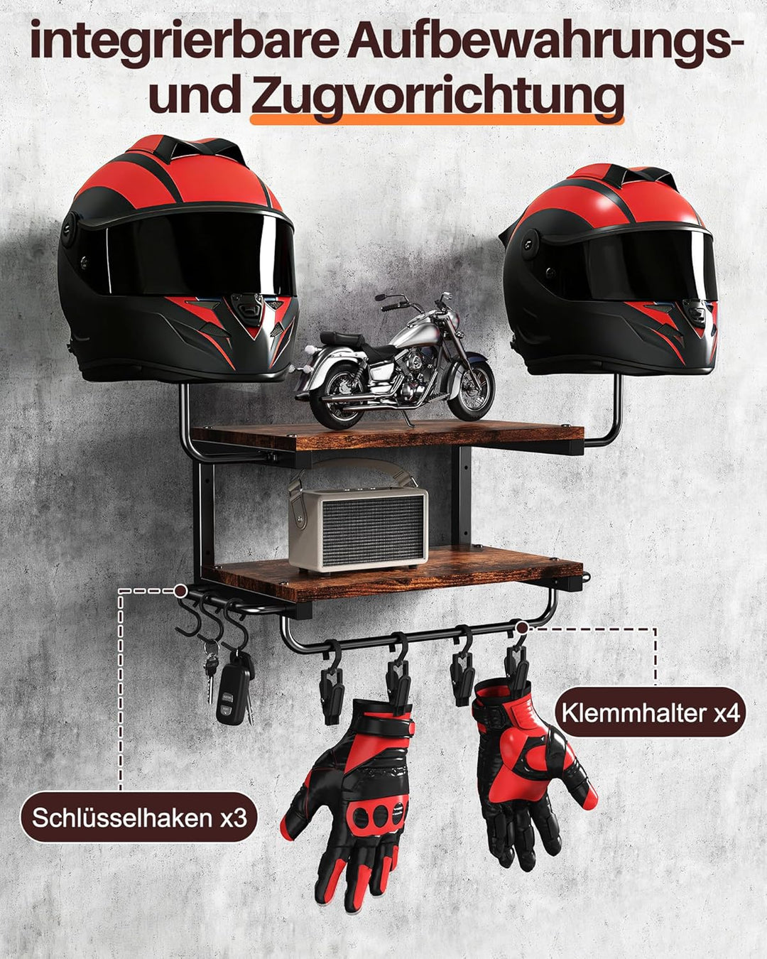 Motorradhelm Halterung Wand für 2 Helme, Motorrad Garderobe Wand mit Kleiderbügel und Haken, 30 kg T