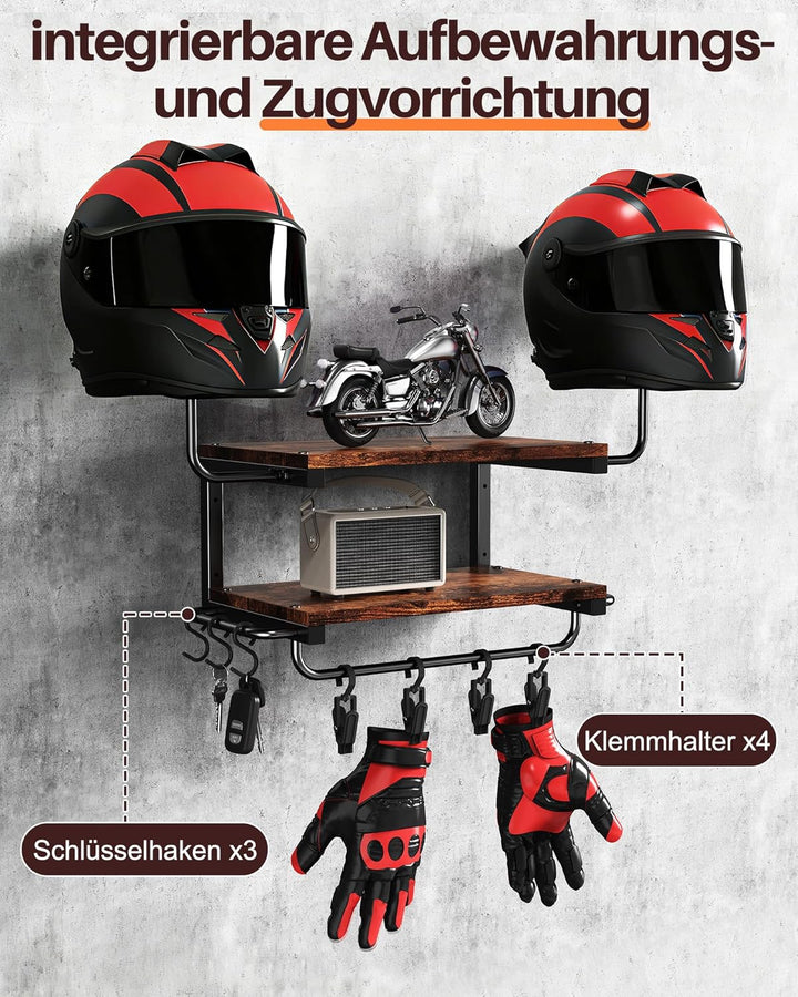 Motorradhelm Halterung Wand für 2 Helme, Motorrad Garderobe Wand mit Kleiderbügel und Haken, 30 kg T
