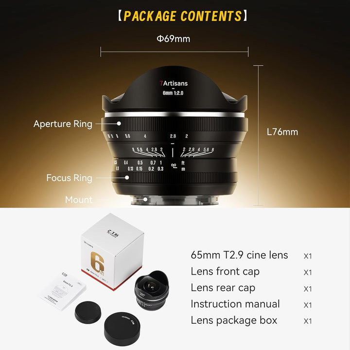 7artisans 6mm F2.0 für E-Mount APS-C-Fischaugen-Ultraweitwinkel-Kameraobjektiv,manueller Fokus,220°-