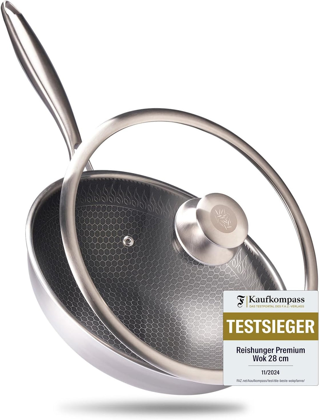 Reishunger Premium Wok aus Edelstahl | 28 cm Durchmesser | Mit Glasdeckel | Für alle Herdarten, Indu