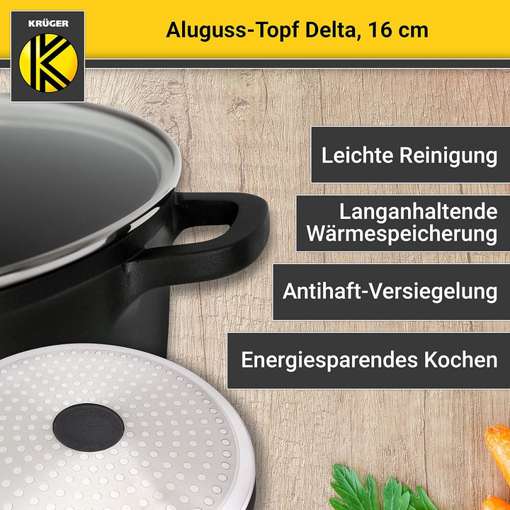 Krüger Aluguss-Topf Delta mit Glasdeckel - 16 cm - Kochtopf für gesunde & fettarme Speisen - geeigne