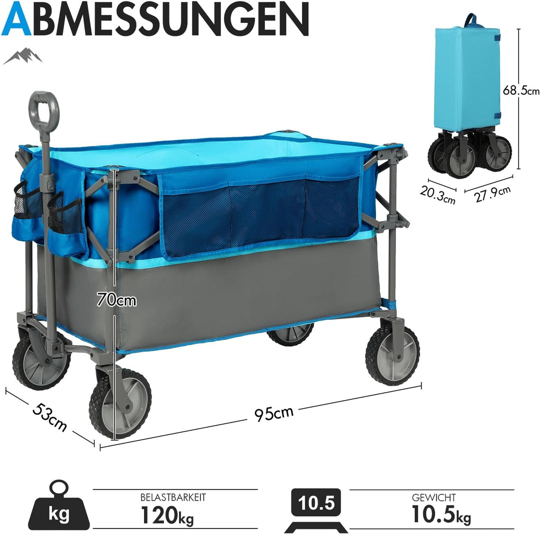 Portal Bollerwagen faltbar 225L XXL Grosse Ladefläche Handwagen mit Getränkehalter Seitentasche Tran