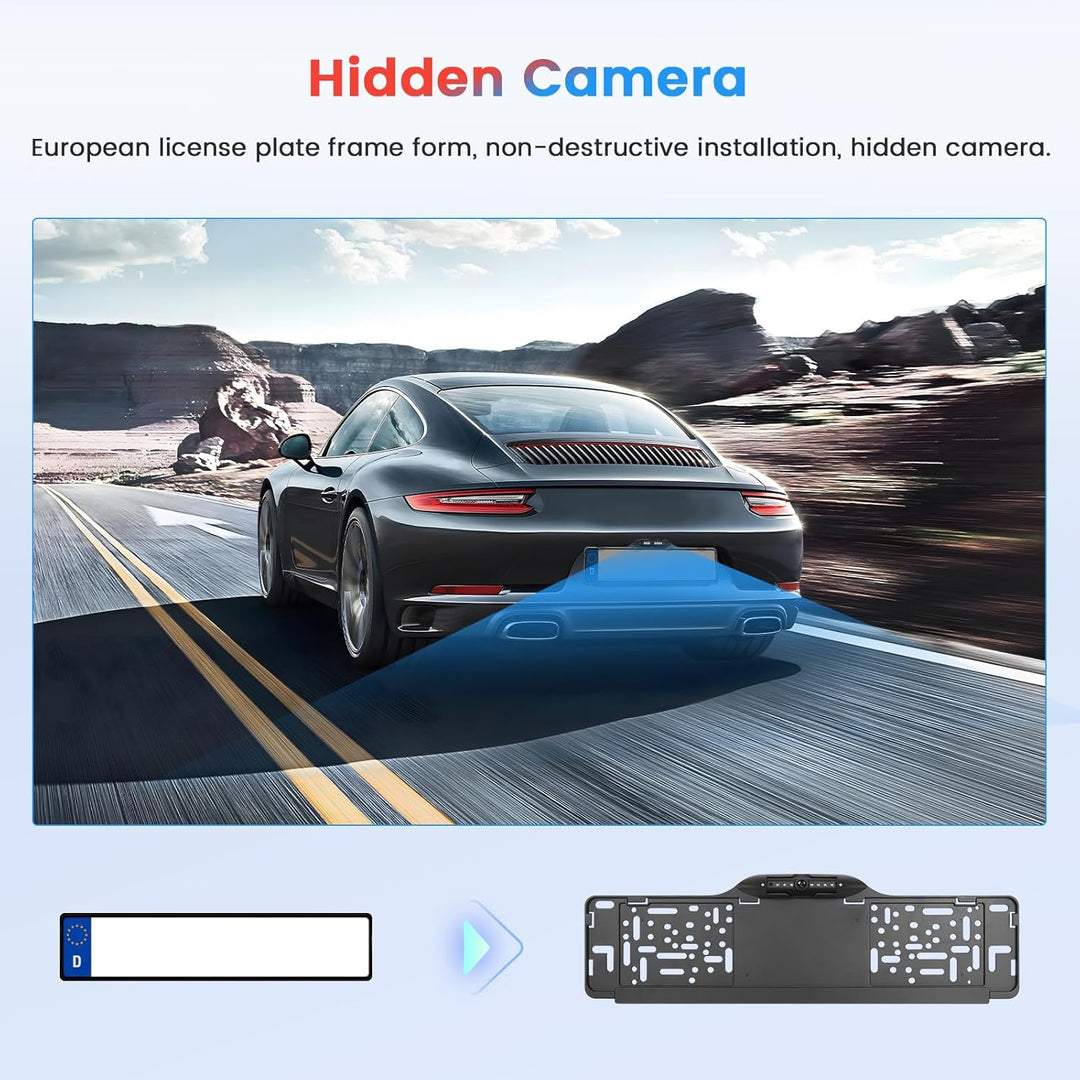 Kennzeichenrahmen EU Rückfahrkamera 7LED, Wasserdicht, Nachtsicht, Weitwinkel Full HD 1080P, Einstel
