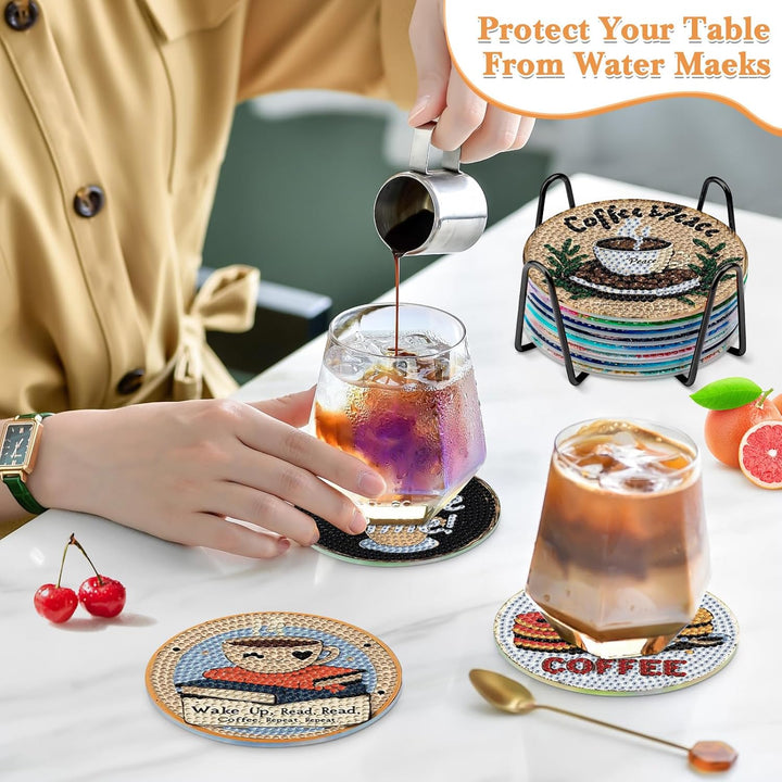 NAIMOER 8 Stück Kaffee Diamond Painting Untersetzer mit Halter, DIY Lowtea Diamant Tassenuntersetzer