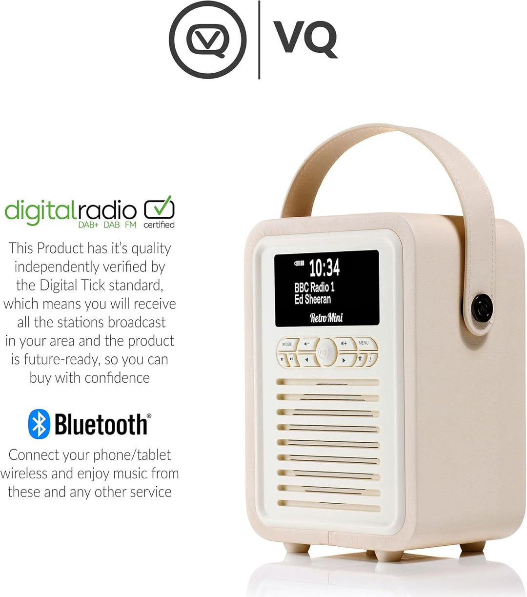 VQ Retro Mini Tragbares Radio mit Bluetooth-Lautsprecher und 60 Voreinstellungen. Enthält ein DAB-Ra