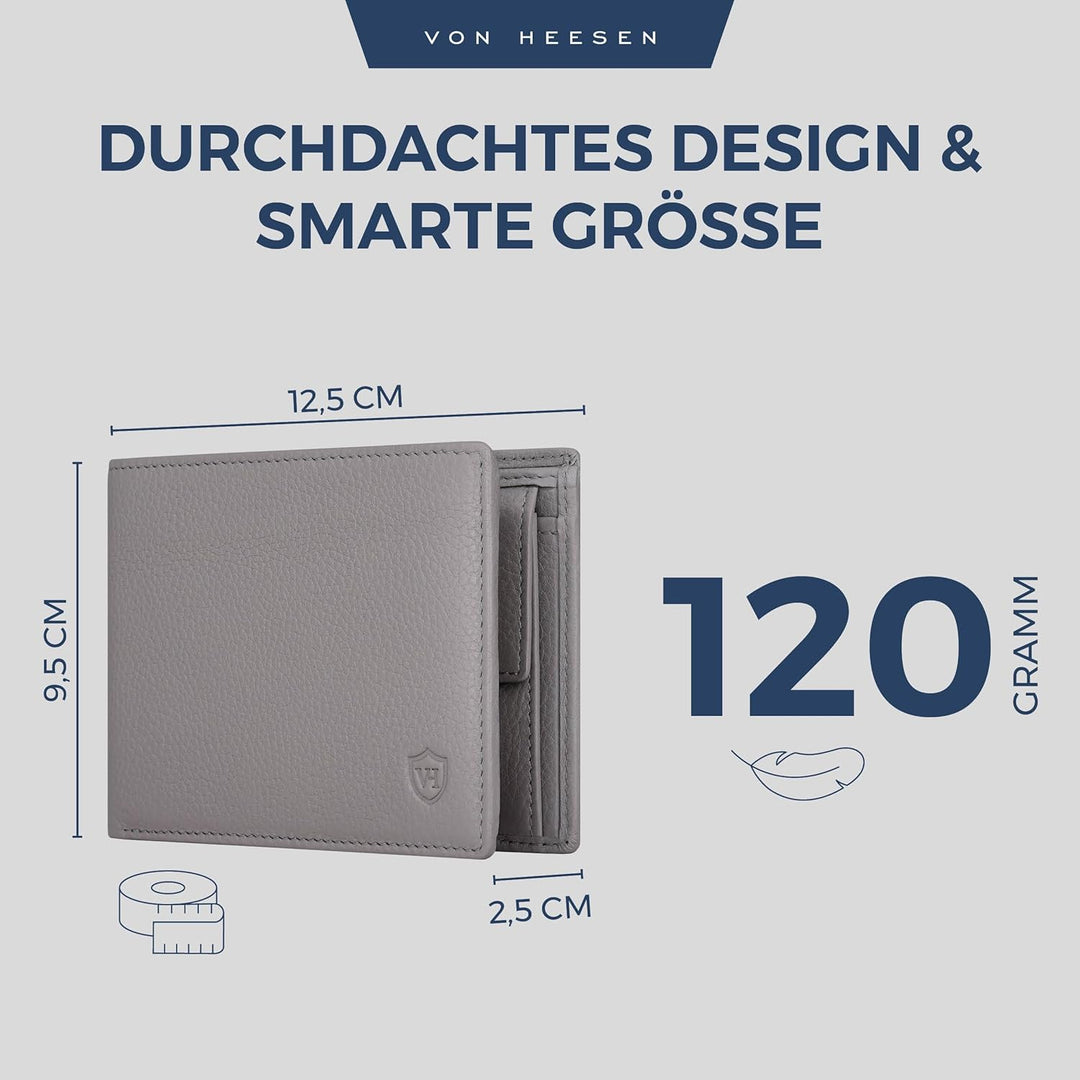 VON HEESEN Leder Geldbörse Herren mit RFID Schutz I Echtleder Geldbeutel für Männer I Münzbörse Port