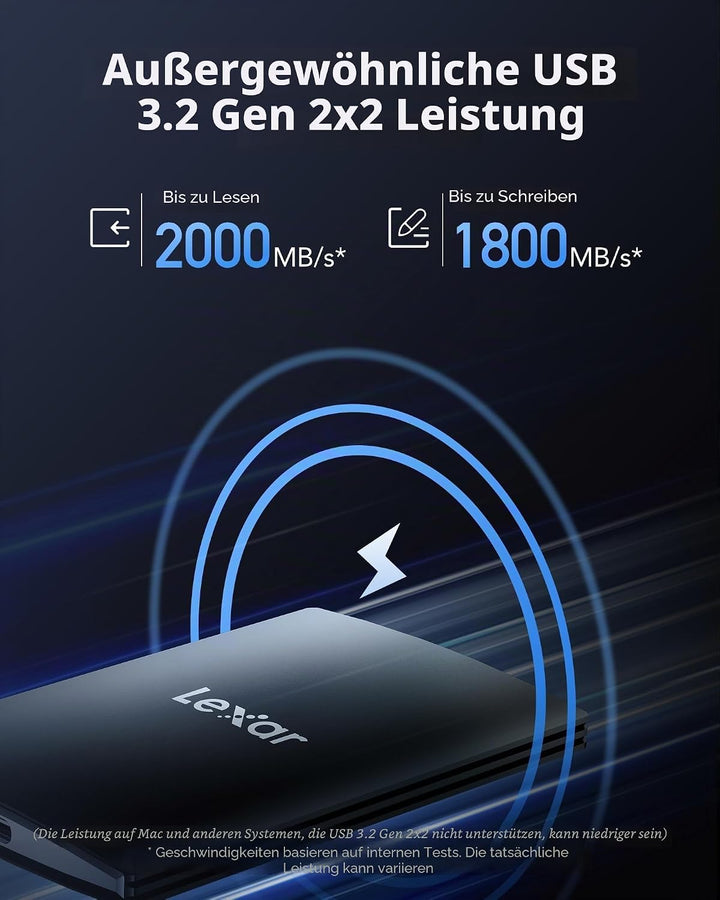 Lexar Externe SSD 1TB, USB 3.2 Gen2x2 Portable SSD, bis zu 2000 MB/s Lesen, 1800 MB/s Schreiben, Tra
