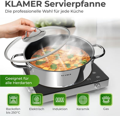 KLAMER Servierpfanne mit Deckel 28cm Induktion, Edelstahl Schmortopf backofengeeignet, Schmorpfanne