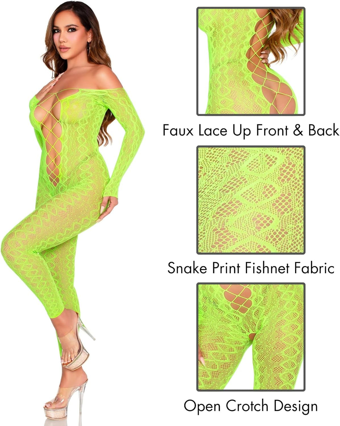 LEG AVENUE Damen Python Net Crotchless Footless Lingerie Jumpsuit With Faux Lace Up Detail Netz-Body