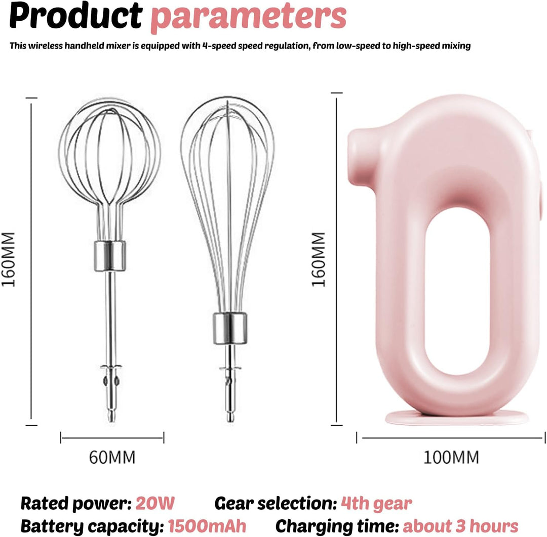 Elektrischer Handmixer: Rosa Handrührgerät mit 4 Stufen, Kabelloser Mixer Handrührer mit 2 Edelstahl