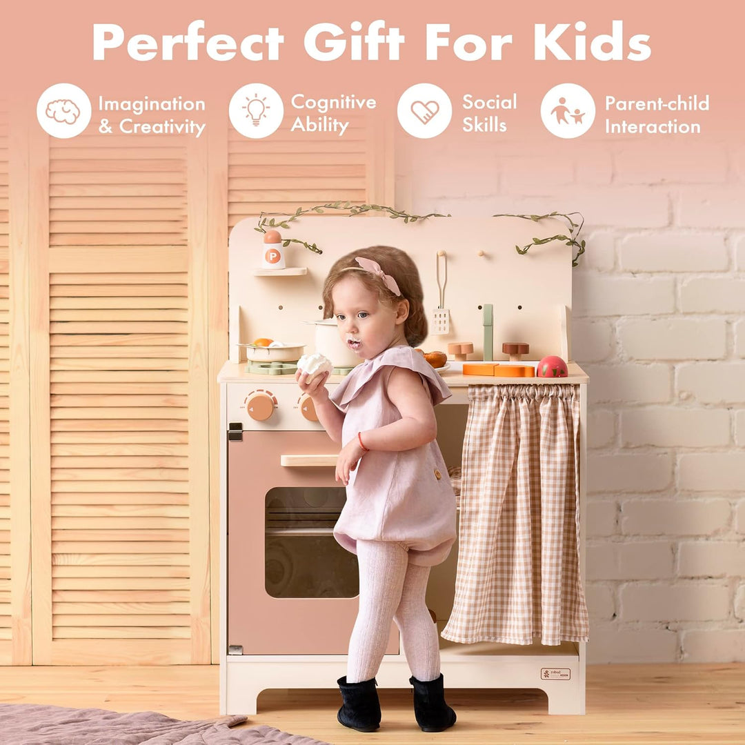 ROBUD Kinderküche Holz Kinder Spielzeug, Spielküche Kinder Küche Zubehör mit Backofen, Schürze, Hand