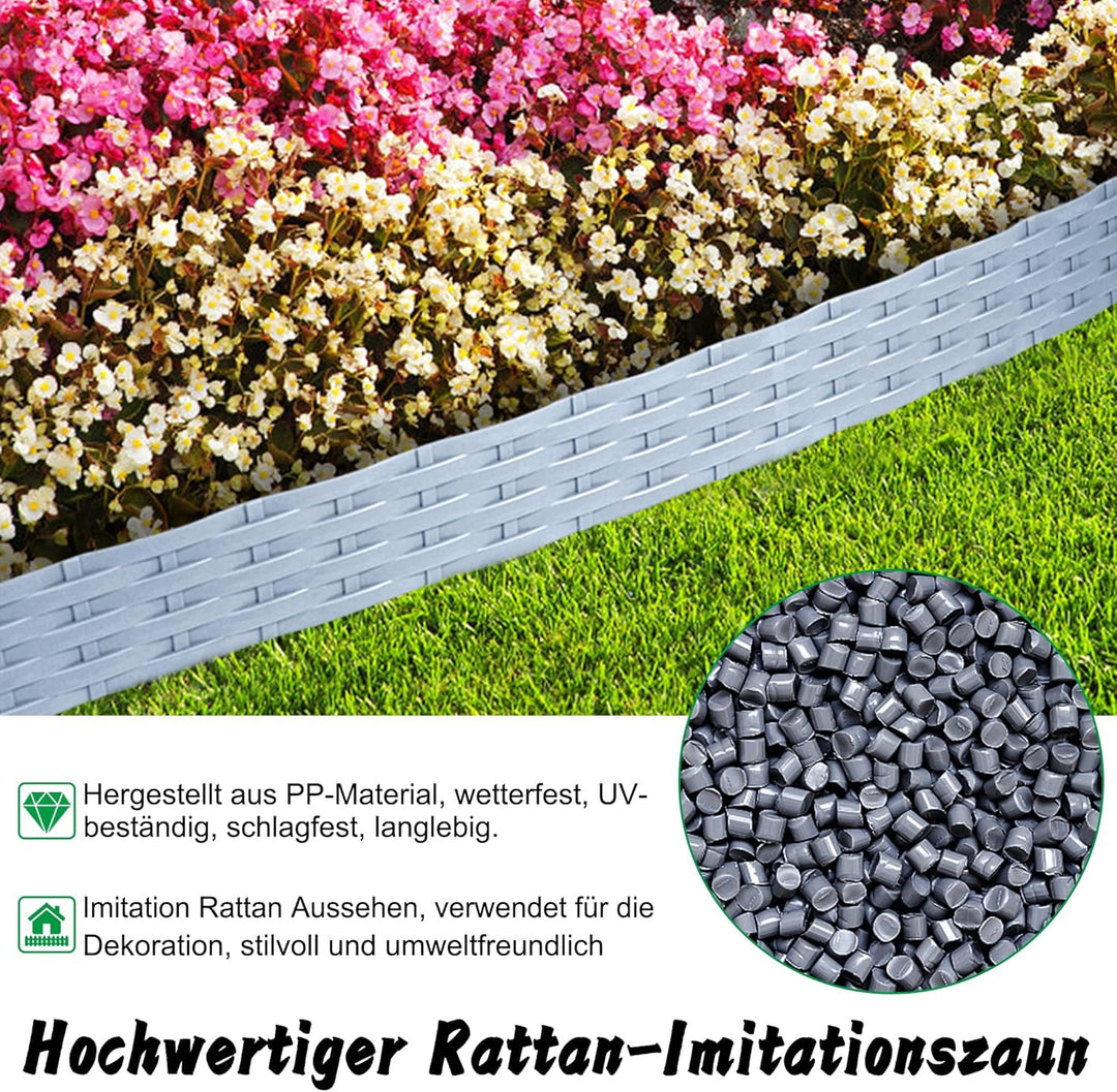 Aufun 20m Rattan Rasenkante Beeteinfassung Kunststoff mit 20 Elemente á 100 cm, Rattan-Optik Design