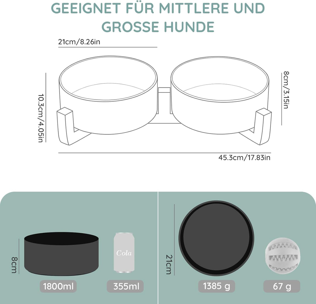 SPUNKYJUNKY Hundenapf Keramik Doppel Hund Futternapf mit Bambus Ständer für Grosse Hunde (1800ml, Sc