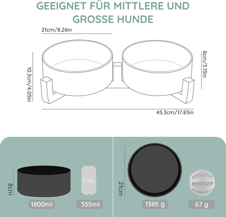 SPUNKYJUNKY Hundenapf Keramik Doppel Hund Futternapf mit Bambus Ständer für Grosse Hunde (1800ml, Sc