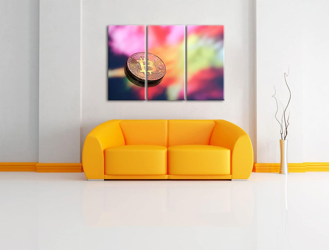 Bitcoin BTC bunte Darstellungals Leinwandbild 3 teilig | Grösse: 120x80 cm | Wandbild | Kunstdruck |