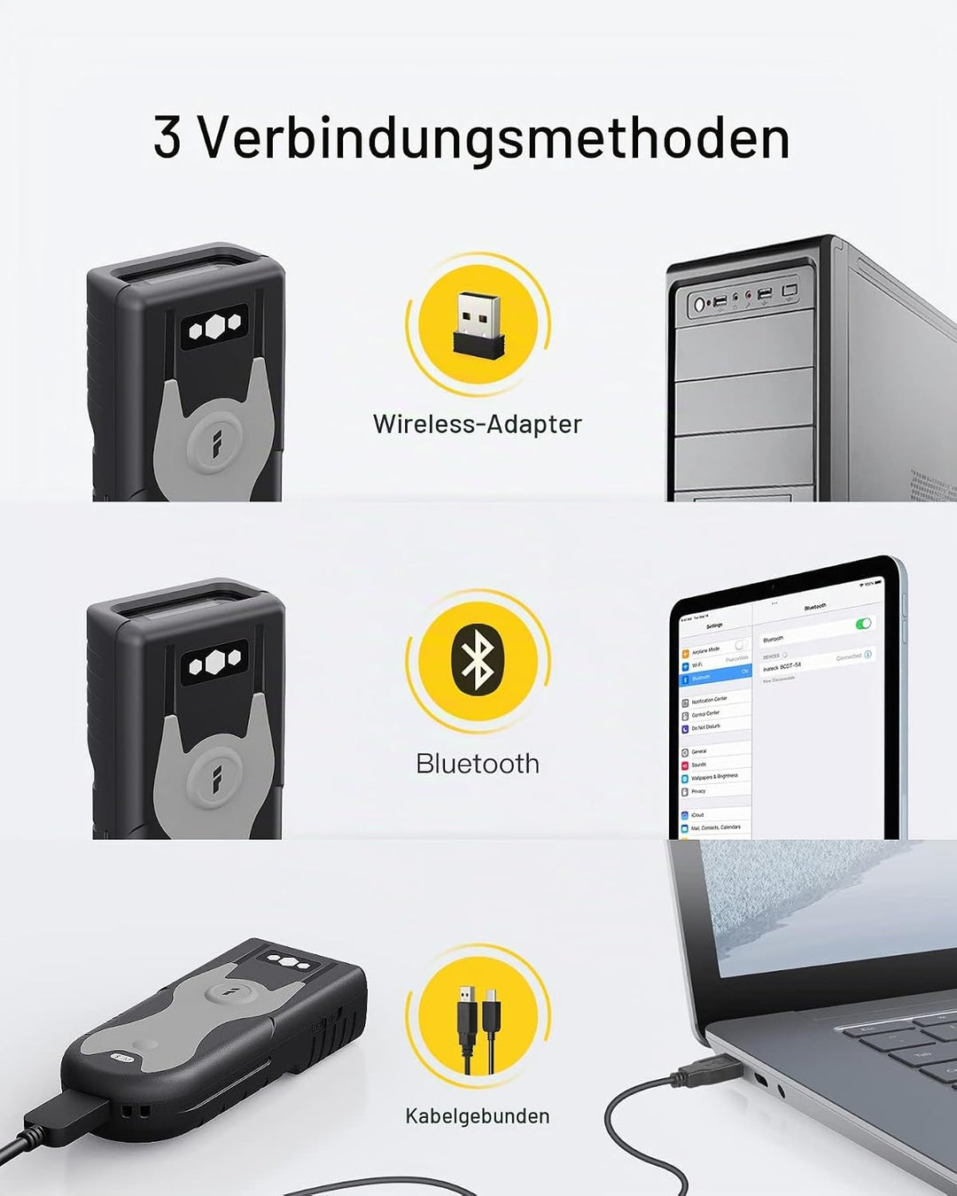 Inateck Barcode Scanner Bluetooth 1D mit 2,4Ghz USB Adapter, liest Barcodes von Bildschirmen, Exklus