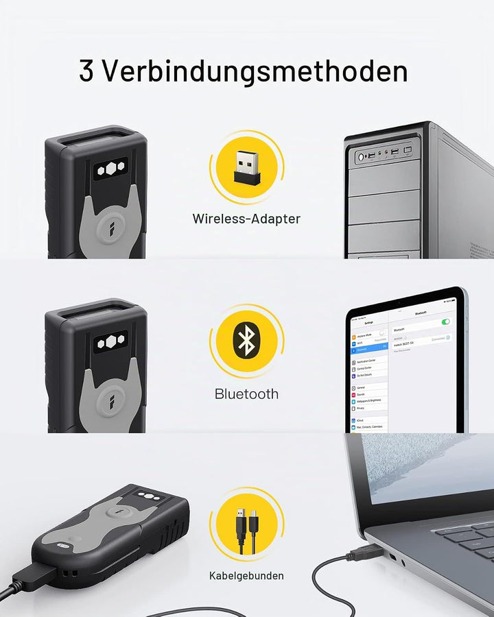 Inateck Barcode Scanner Bluetooth 1D mit 2,4Ghz USB Adapter, liest Barcodes von Bildschirmen, Exklus
