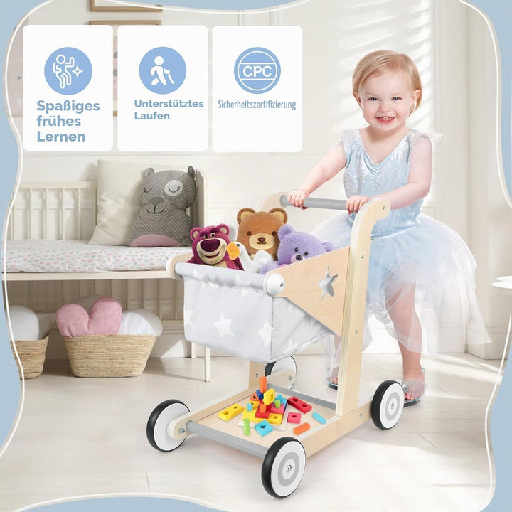 Asweets 2-in-1 Lauflernwagen Holz, Puppenwagen zum Schieben und Ziehen, Baby Walker, Kleinkindspielz