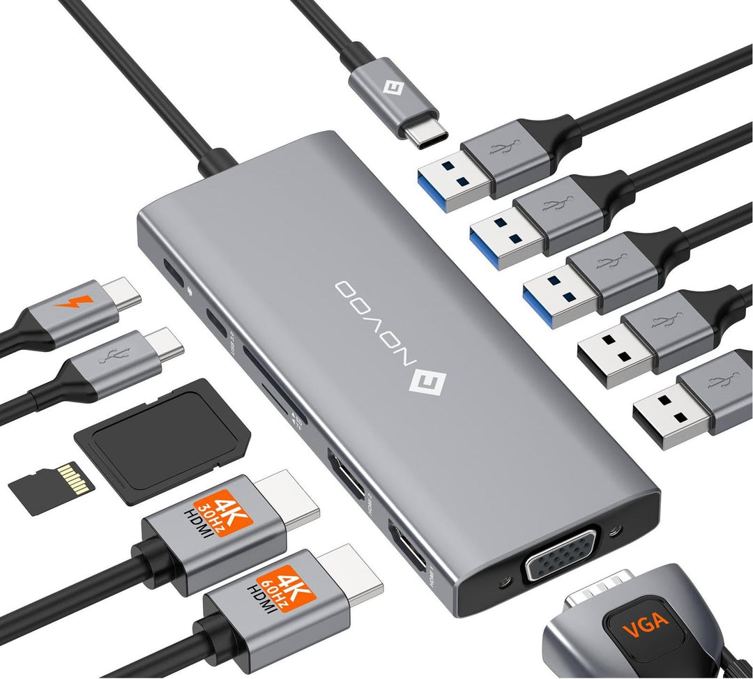 NOVOO USB C Docking Station Triple Display 13 in 1 Dual 4K@60Hz HDMI Hub VGA Adapter, 5 USB-A Datenp